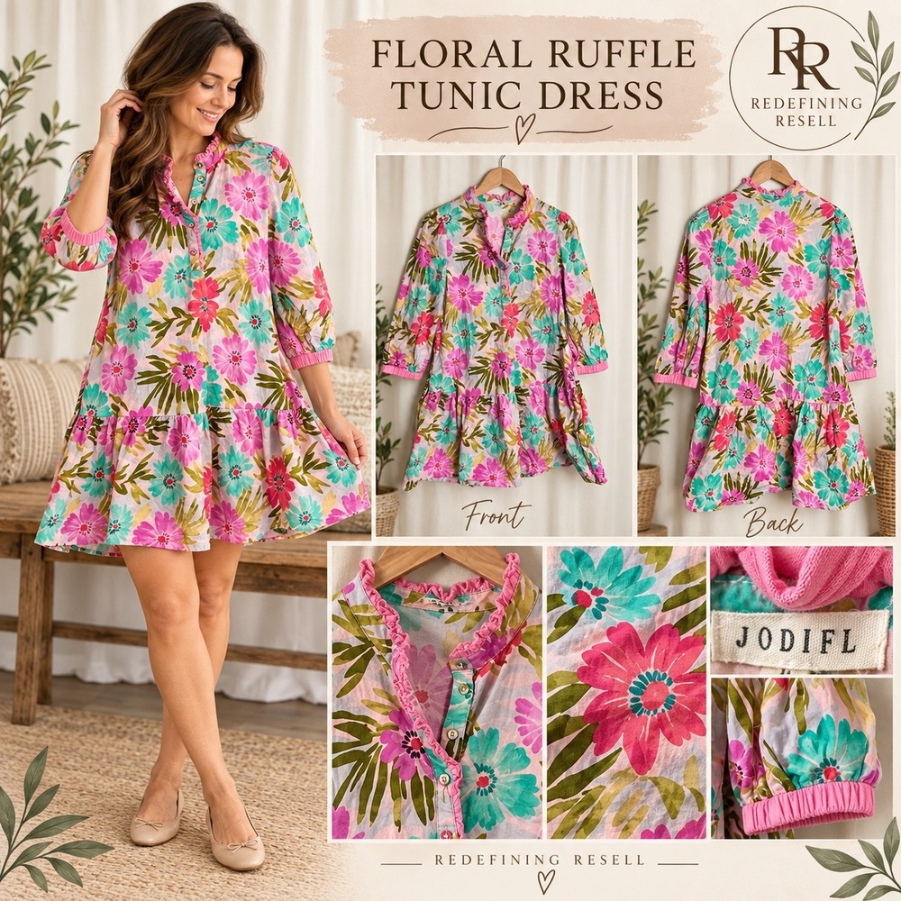 Jodifl Floral Ruffle Tunic Dress Pink Teal Green 3/4 Sleeve Drop Waist Medium